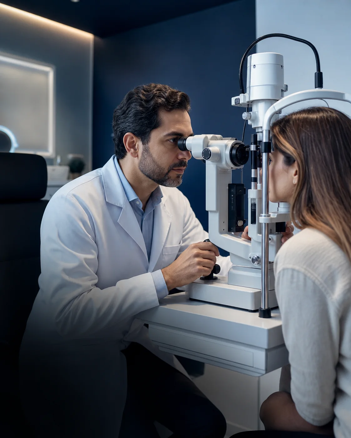 Oftalmologista realiza exame ocular com equipamento diagnóstico moderno
